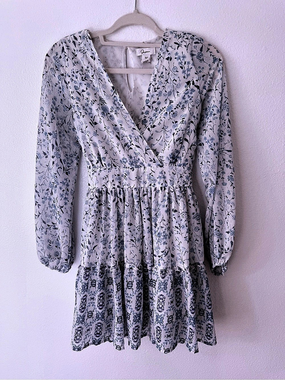 Japna Floral Long Sleeve Mini Dress in Blue Size Medium